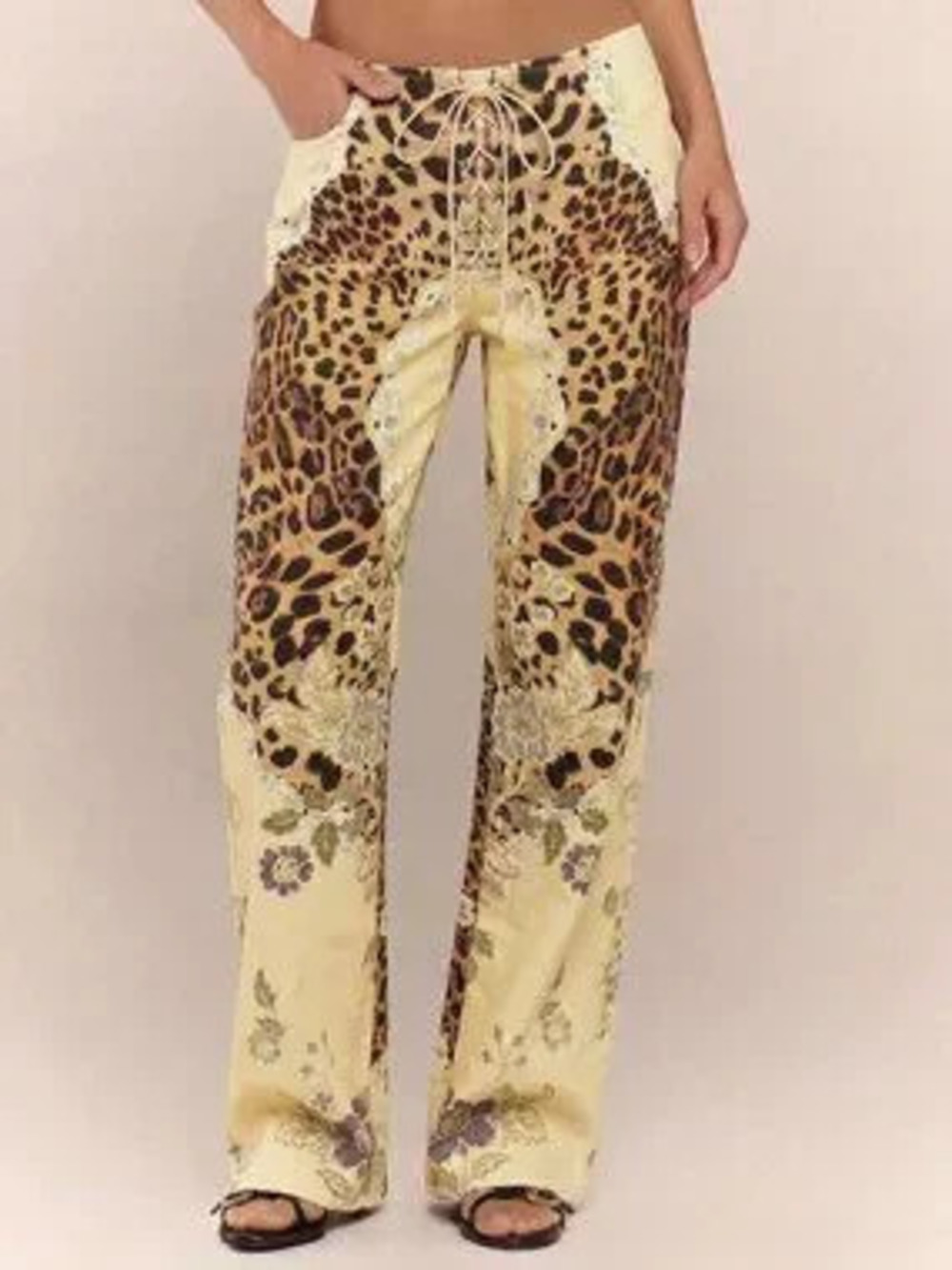 Yellow Casual Women's Peacock Print Lace Up Straight Leg Printed Jeans